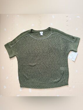 NWT Chico’s Lux Mesh Pullover Sweater Tee Olive Knit Short Sleeve Sz 1 Sz M